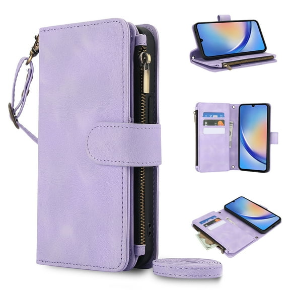 Allytechgroup Premium Wallet Phone Case for Samsung Galaxy A25, Zipper Pocket Kickstand Crossbody Shoulder Strap Hand Wrist RFID Blocking Shockproof Protective Case for Women Men, Purple