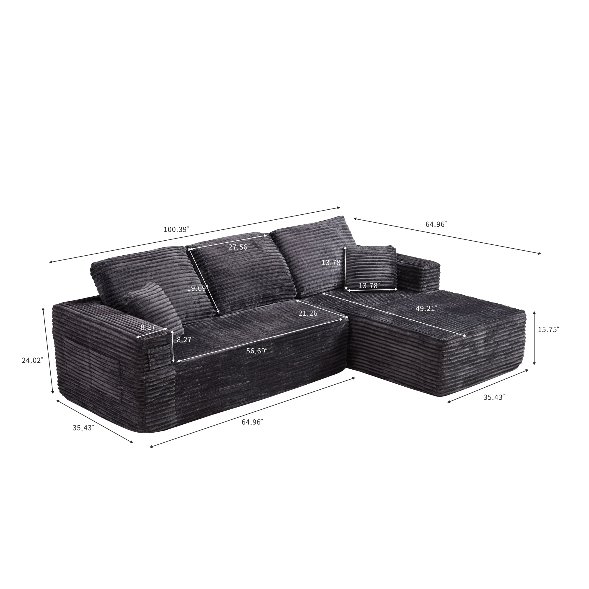 HOQBN 100.39" Cloud Sectional Couch with R-Shape Chaise,Modern Modular Sofa with Deep Seat,No Assembly Required,Compressed Packaging for Living Room Grey