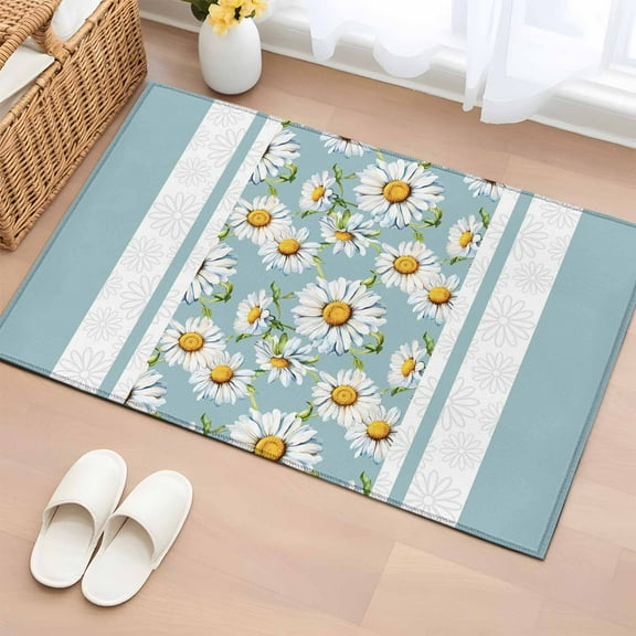 Blue Daisy Bathroom Rug Washable 2x3 Entryway Rug Non Slip Farmhouse Floral Blue Striped Front Door Mat Low Pile Indoor Doormat Throw Floor Carpet for Kitchen Bedroom Entrance