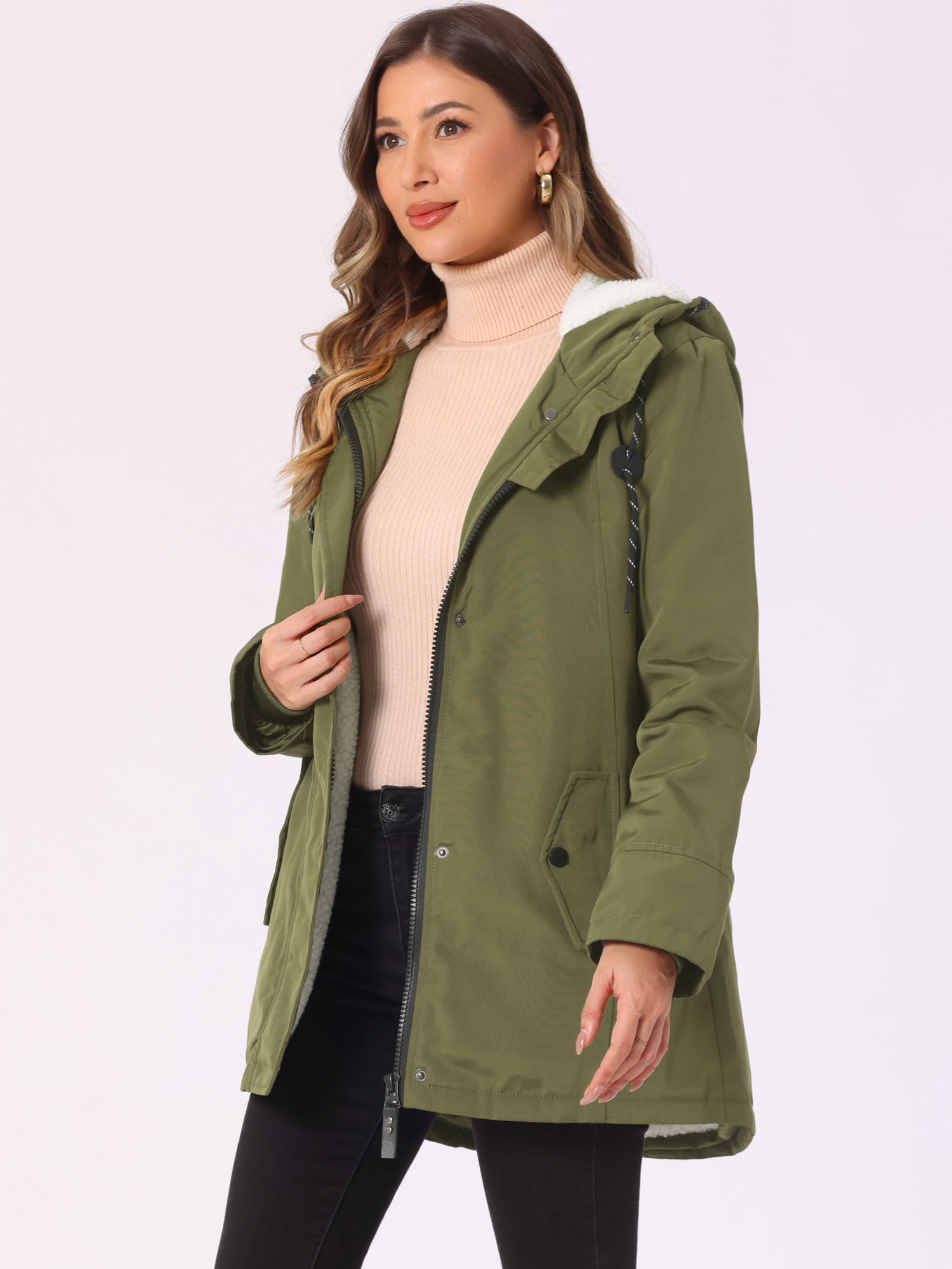 DARING DIVA Women's Winter Coat with Faux Fur Hood and Multiple Pockets XS Army Green