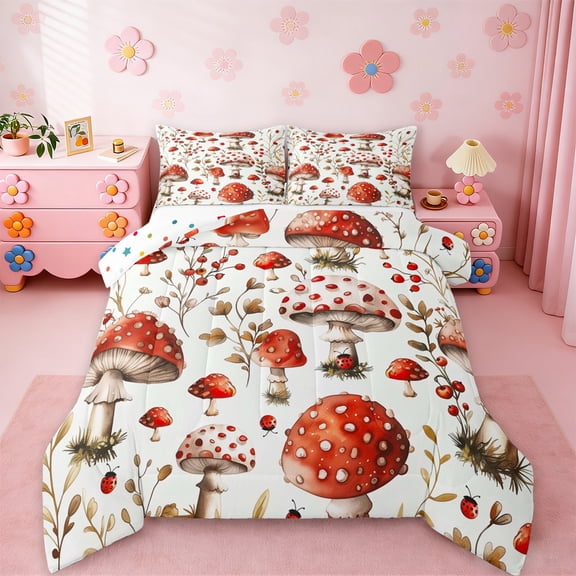 jejeloiu Red Mushroom House Bedding Comforter Set,Rustic Farmhouse Cabin Twin Comforter Sets,Spring Garden Bedding Set,Microfiber Bedroom Decor Reversible,2pcs
