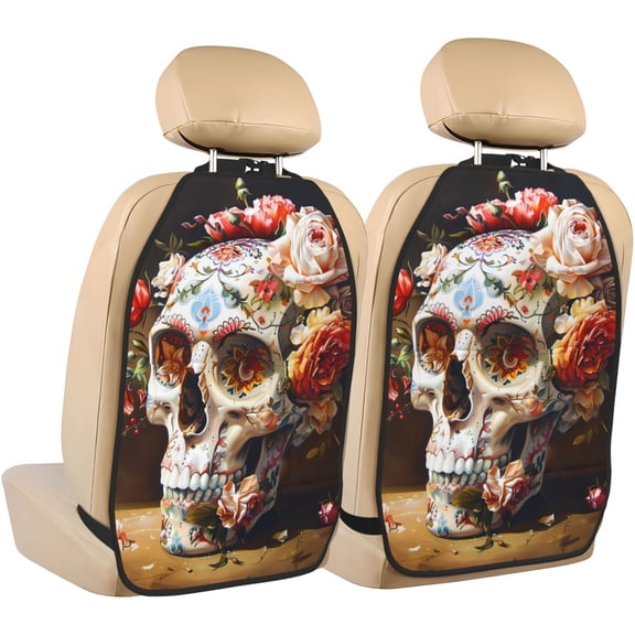 Kdxio Rose Floral Skull Print 2 Pack Car Kick Mat Seat Cover Back Protector Mat with Pockets for Organizer Backseat Protector and Storage Anti Kick Pad for Vehicles