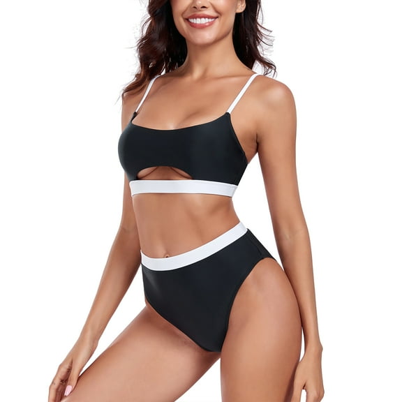 RELLECIGA Women's Scoop Neck Cutout Splicing Color Block Bikini Set Two Piece Swimsuit Sets Black High Waisted Tummy Control Bathing Suits