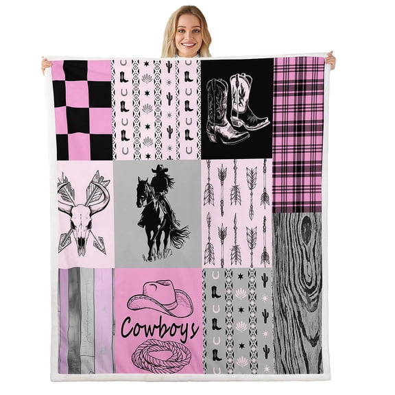 Western Fleece Blanket Twin 60"X80" Pink Grey Cowgirl Horse Throw Blanket Teen Women West Cow Skull Sherpa Blanket Country Farmhouse Buffalo Plaid Fuzzy Blanket Soft Lightweight