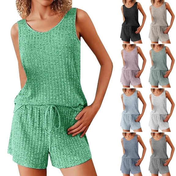 Women's Summer 2 Piece Pajama Set Sleeveless Tank and Shorts with Pockets Ribbed