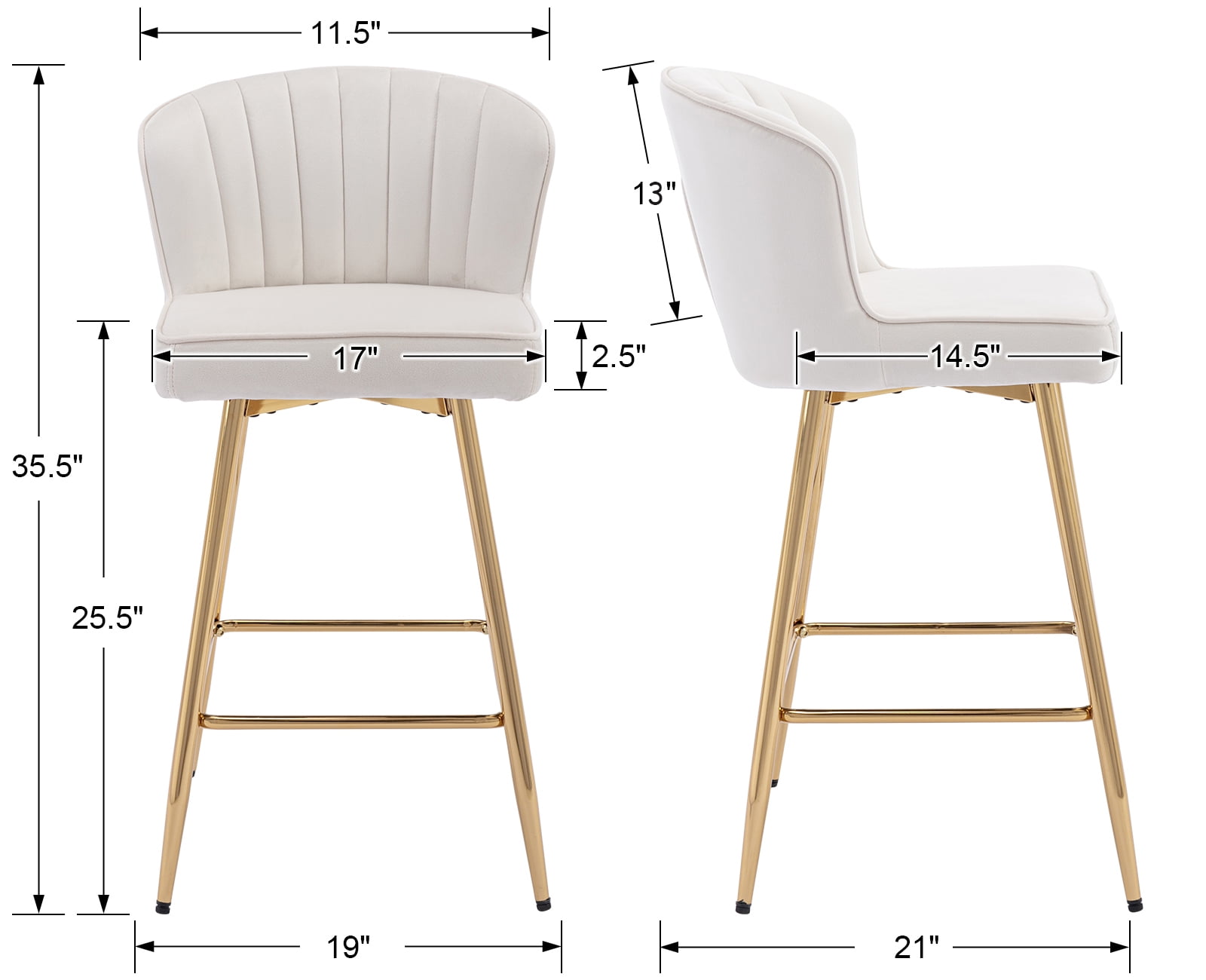 Guyou 26” Counter Height Bar Stools Set of 2, Modern Velvet Upholstered Kitchen Island Chairs, Barstools with Back and Footrest for Kitchen Island Pub Restaurant, Beige