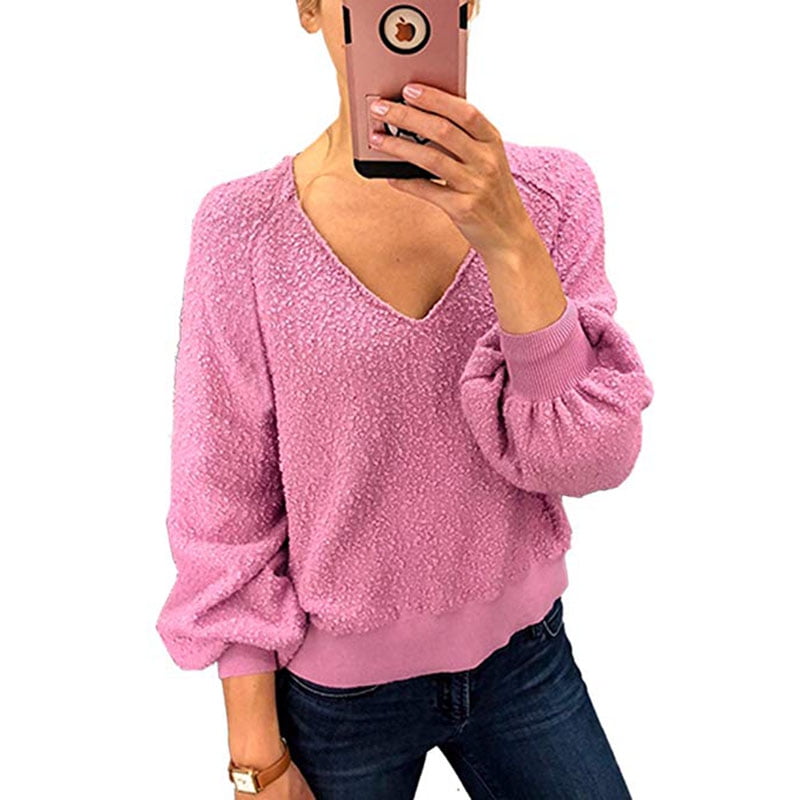 v neck long sleeve fuzzy sweatshirt