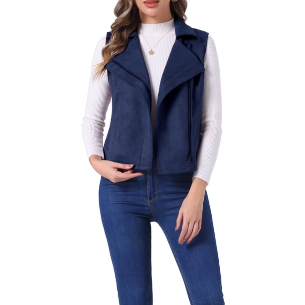 Chaleco de moto sin mangas de ante sintético para mujer INSPIRE CHIC XL azul oscuro