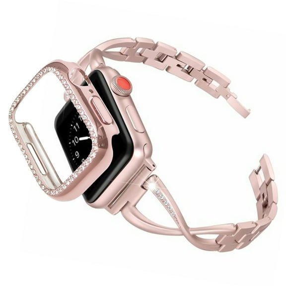 Allytechgroup Apple Watch Band Case for Women Compatible with iWatch Series 3 2 1 38mm, Glitter Bling Stylish Luxury Bracelet Band with Case for Apple Watch 38mm, Rosegold