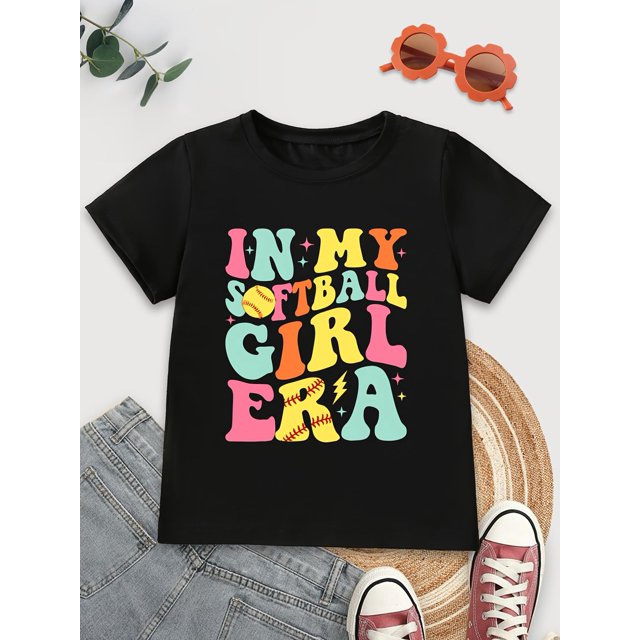 Girls' Softball Graphic T-Shirt - "In My Softball Girl Era" Print, Casual Crew Neck Short Sleeve, Soft Cotton Fabric, Summer Youth Fashion Tee for Ages 8-14