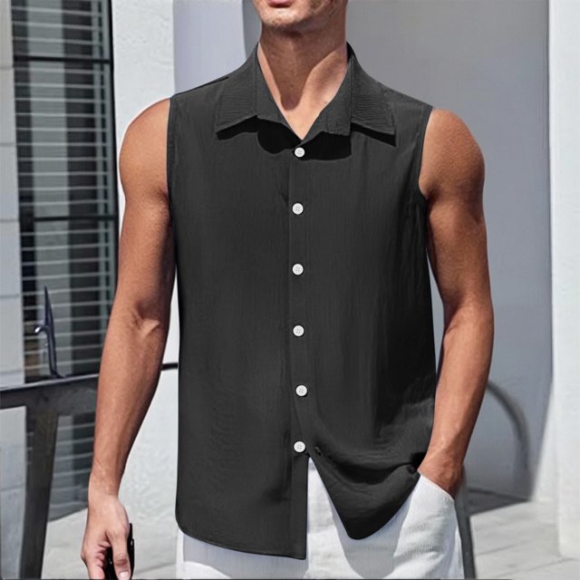 Mens Shirts Plus Size under $5 Sleeveless Lapel Solid Color Button Down Shirts Outdoor Running Breathable Summer Top Black M