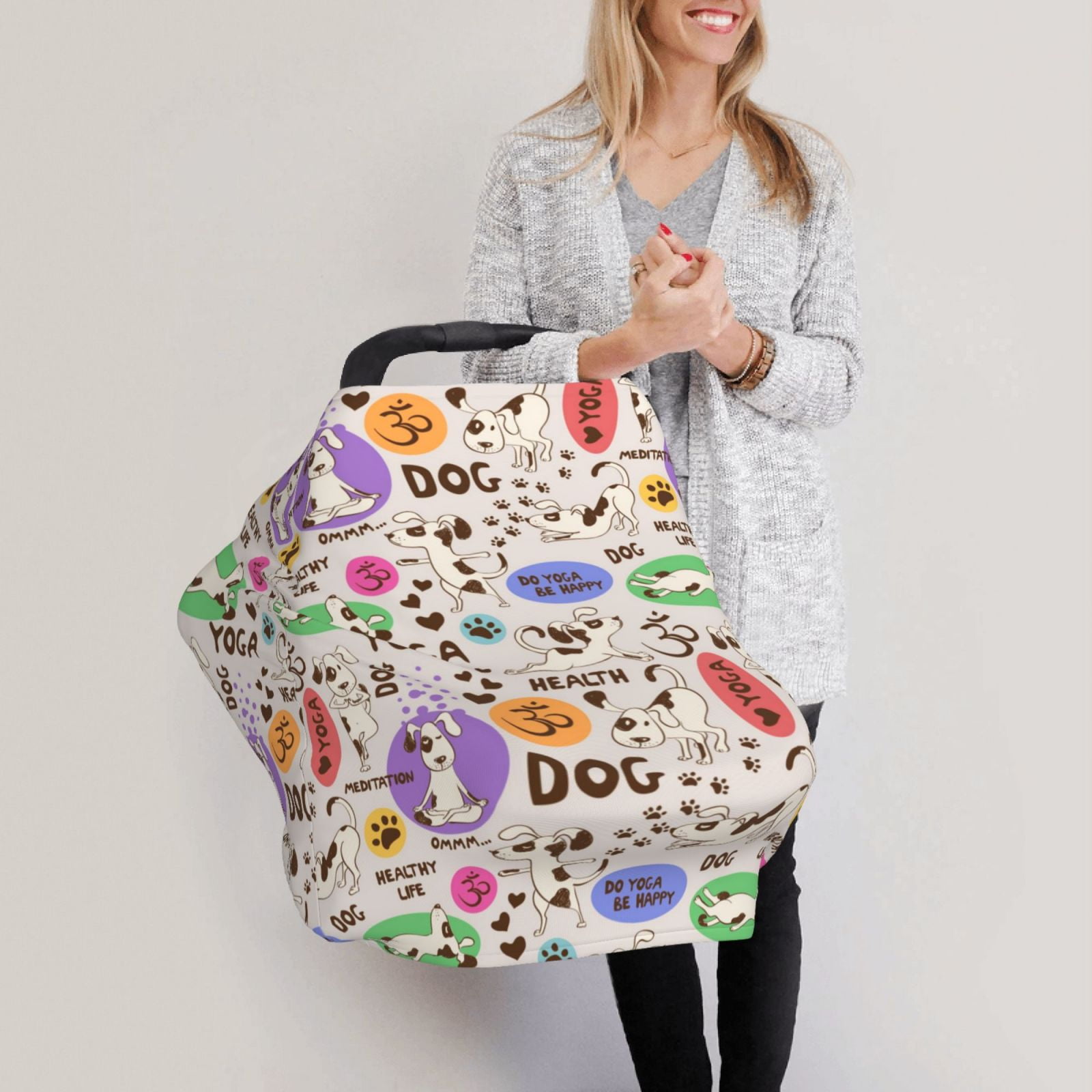 Fotbe Dog Doing Yoga Pattern Car Seat Covers for Babies, Nursing Breastfeeding Cover Infant Carseat Canopy, Soft Stretchy Carrier Cover