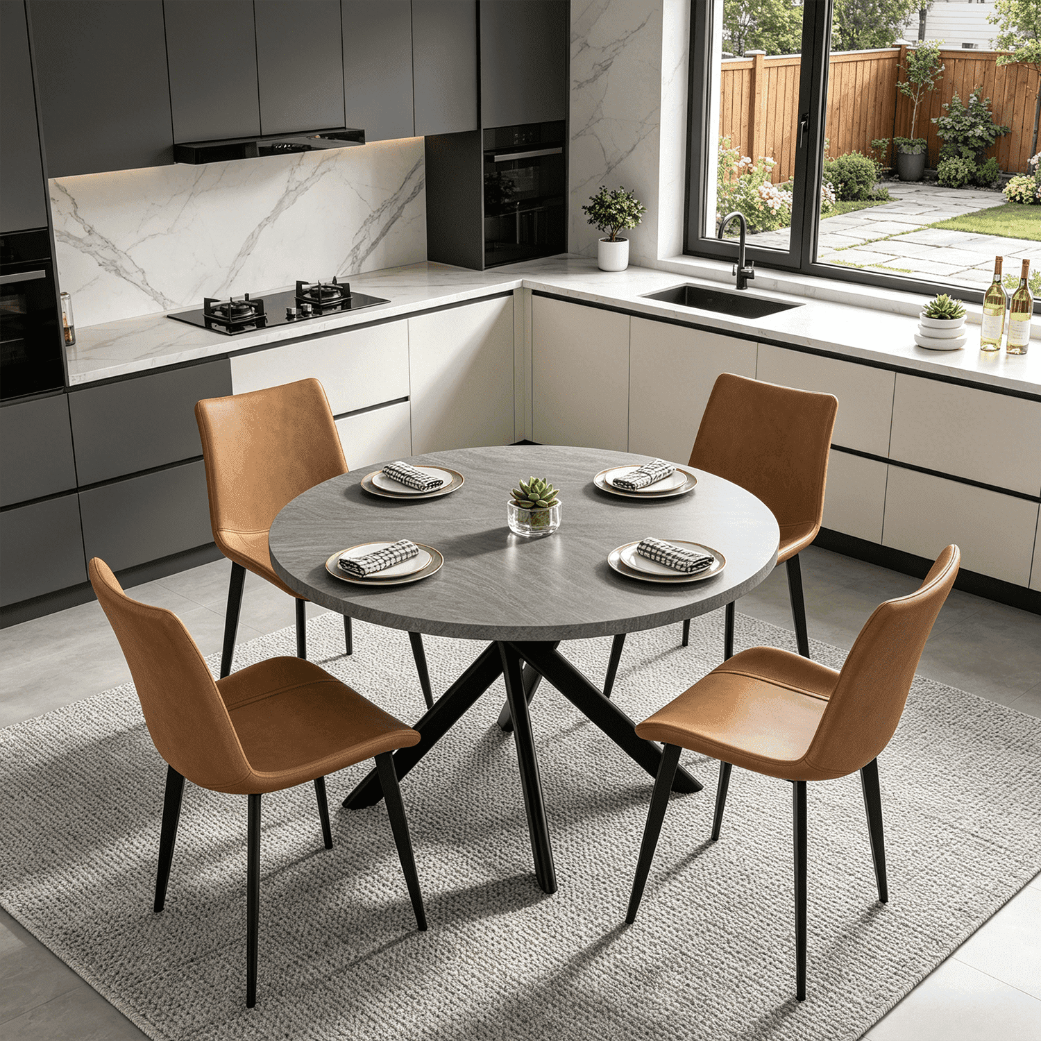 43.5 Inch Round Dining Table Set For 4, 5-Piece Wooden Table with Metal Leg Dining Chairs, Mid Century Modern Small Coffee Set For Dining Room Kitchen Apartment