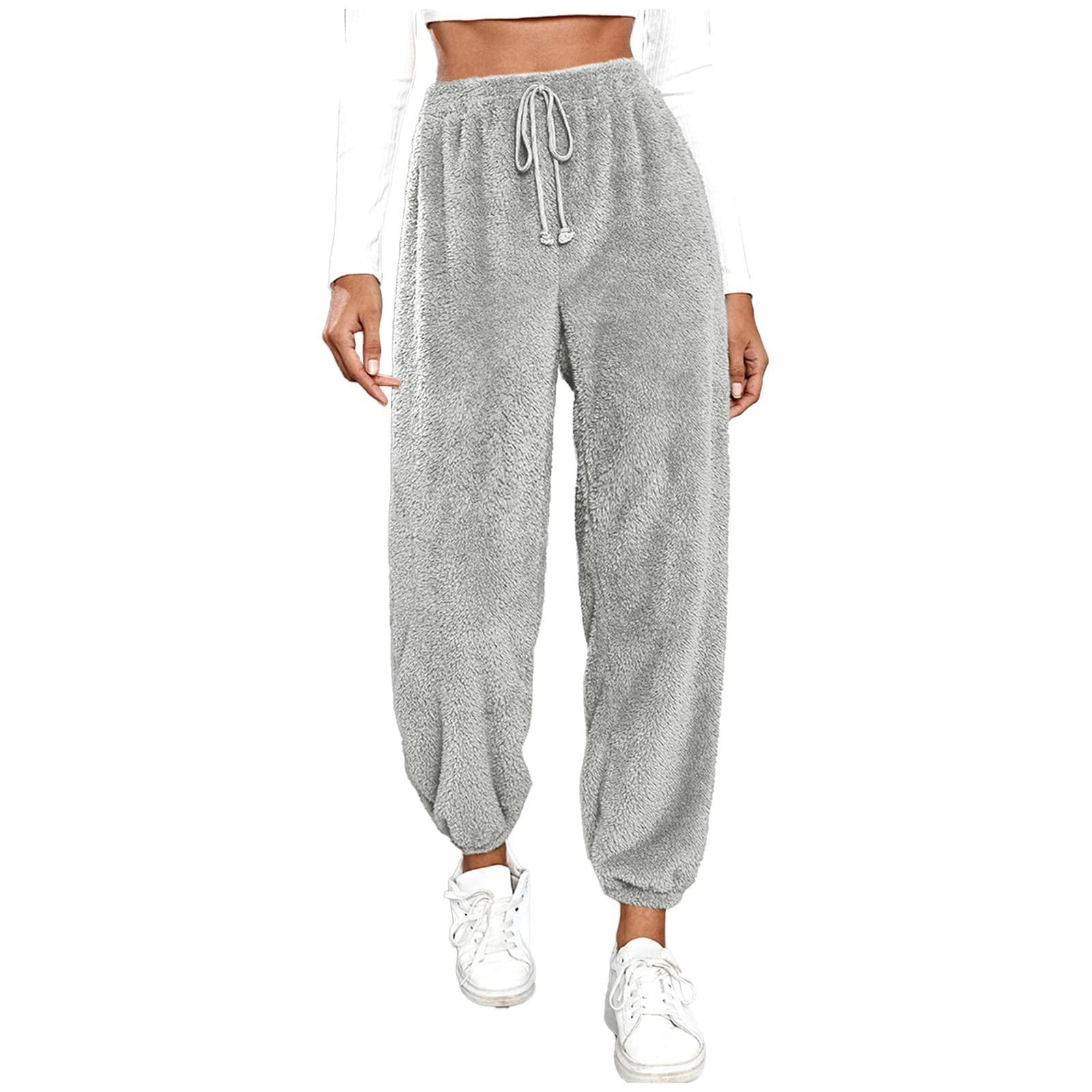 RYRJJ Women's Winter Warm Fleece Pajama Pants Plus Size Cute Bear Print  Baggy Sweatpants Fuzzy Jogger Lounge Pants Sleepwear with Pockets White XL  