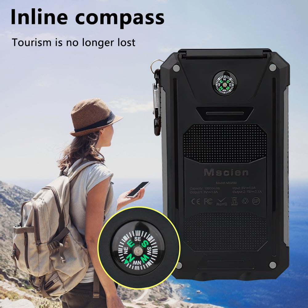 DFITO 10000mAh Solar Power Bank for Cell Phone iPhone, Portable Solar Charger with Dual 5V USB Ports, 2 Led Light Flashlight, Compass Battery Pack for Outdoor Camping Hiking ,Black