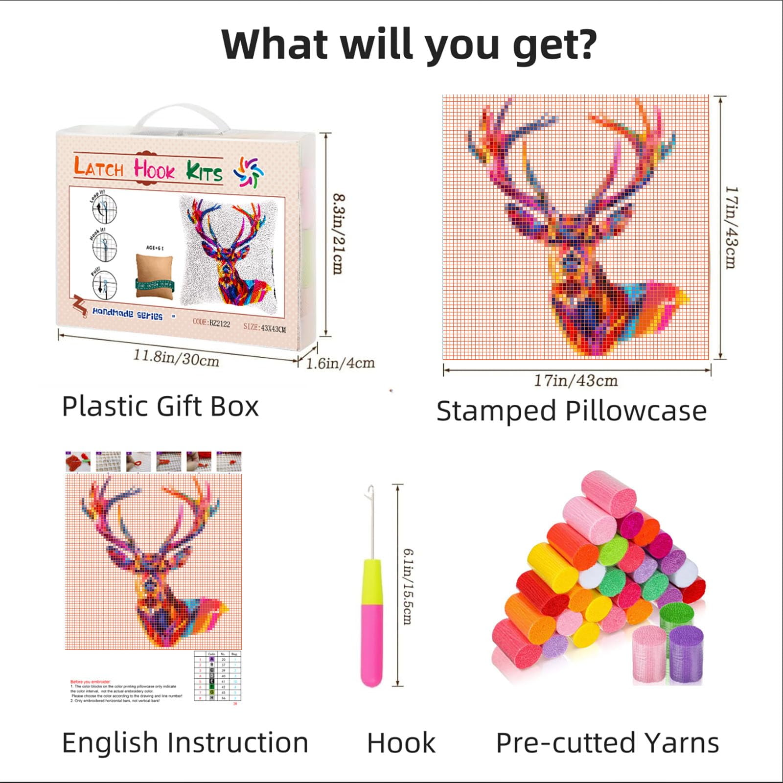 Colorful Abstract Elk Deer DIY Latch Hook Pillow Kits for Adults Printed Pillowcase Crochet Yarns Hooking Handmade Pillow Cover Cushion for Home Sofa Decoration 17x17inch(2)