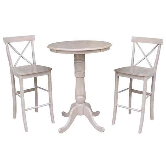 Wood Pedestal Bar Table and 2 X-back Stools in Washed Gray Taupe - Set of 3