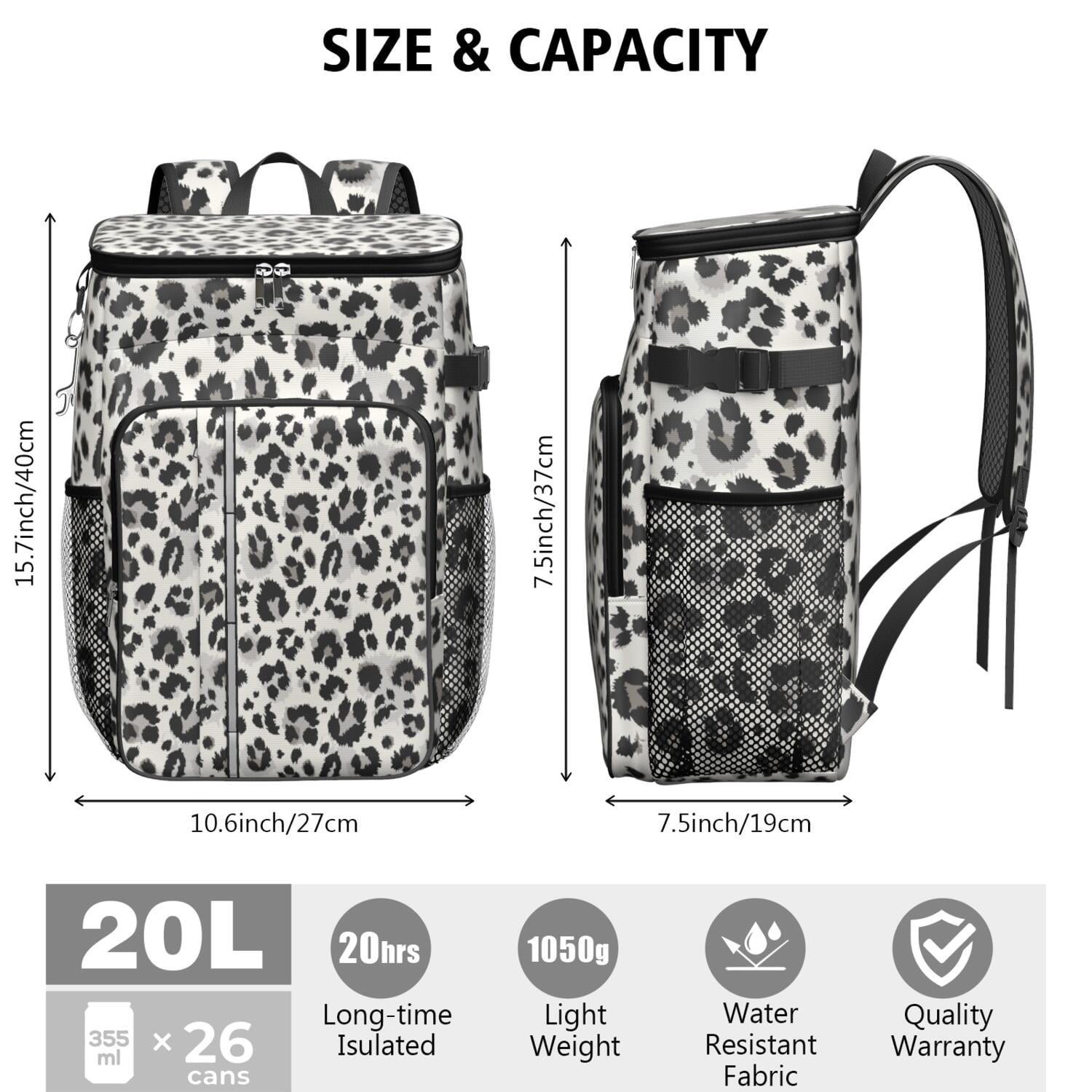 Travel Cooler Bag - Black and White Leopard Pattern Camping Beer Cooler Backpack with Bottle Opener- Waterproof Insulated Picnic Backpacks - Cooler Bag for Beach