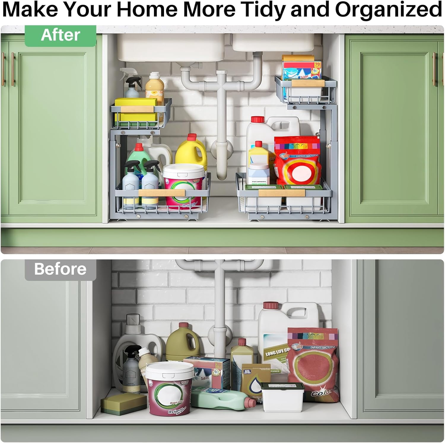 Under Sink Organizer, 2 Packs 2 Tier Under Sink Organizers and Storage, Slide out Pull out Cabinet Organizer Shelf, Metal Sliding Drawer for Kitchen Bathroom Pantry Cabinet Closet Organization Rack