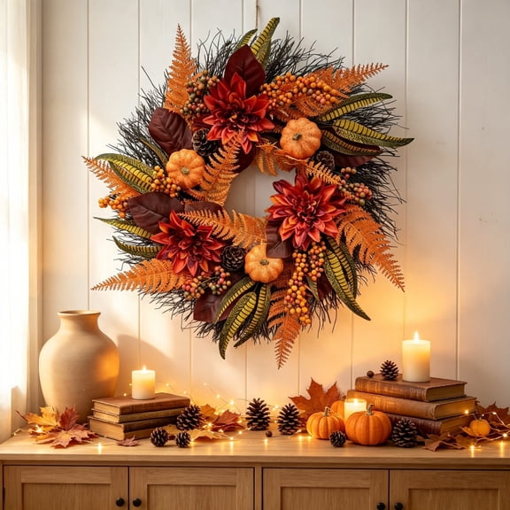 20in Fall Wreath for Front Door, Fabric Dahlia with Foam Pumpkins Pinecones Berries & Fern Leaves, Autumn Wreath for Window, Wall, Thanksgiving Home Decor