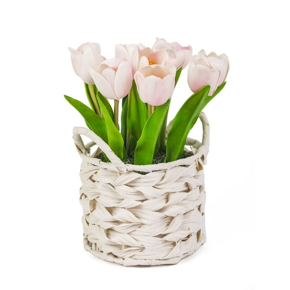 10 in. Pink Tulip Bouquet in White Basket