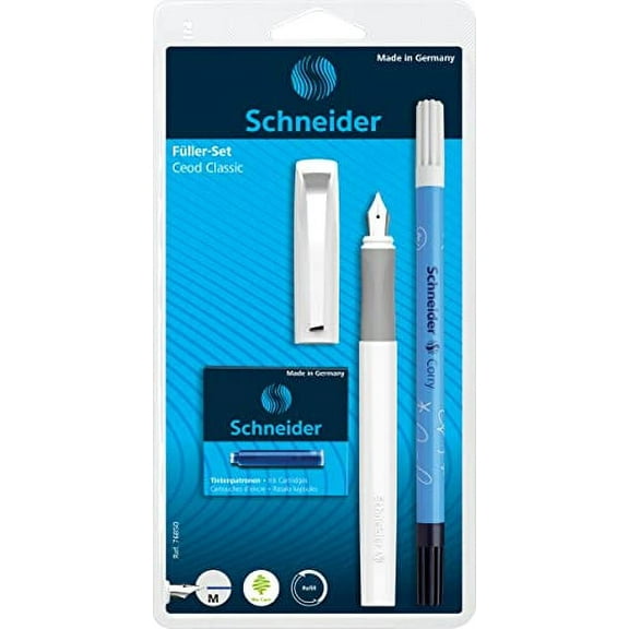 Schneider Ceod Classic Fountain Pen M (Medium), Iridium Tip, White Barrel, Eraser Pen, Pack of 6 Royal Blue Erasable Ink Cartridges (76850)