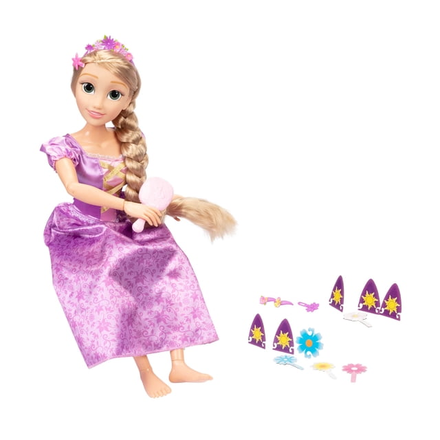 Muñeca Disney Princess Rapunzel Playdate de 32 pulgadas de alto y articulada, muñeca articulada de mi tamaño con vestido morado, viene con cepillo para peinar su largo cabello dorado, diadema con guir