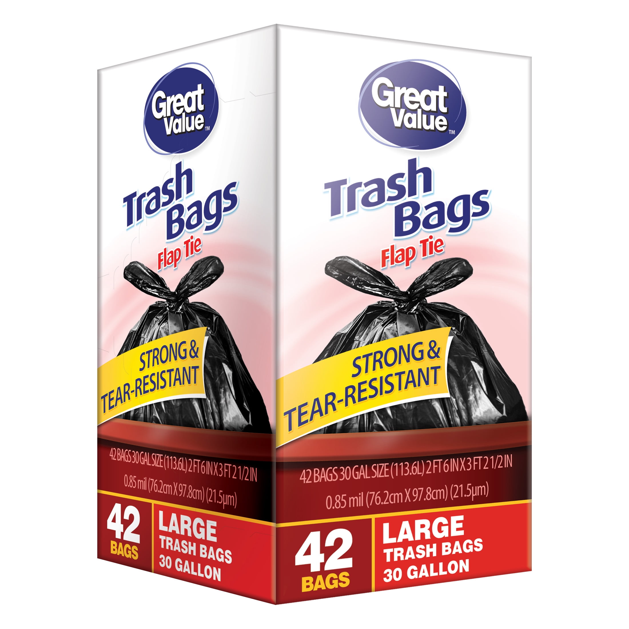 Great Value 30 Gallon Flap Tie Trash Bags, 42 Bags