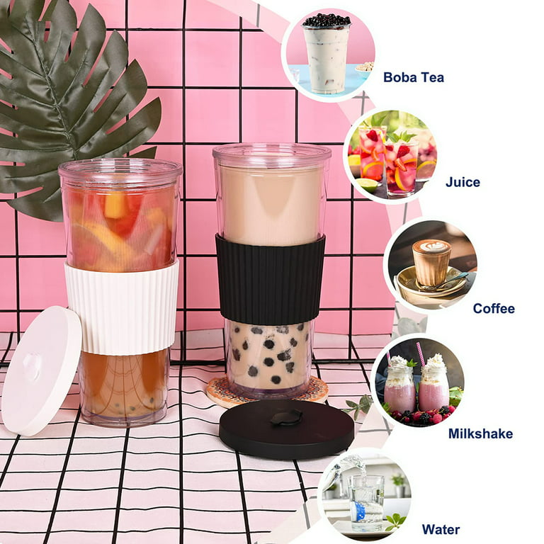 2 Pack Reusable Boba Tea Cups, 24oz Iced Coffee Cup with Straw and Lid,  Leakproof Clear Plastic Cups Tumbler, Double Wall Insulated Smoothie  Tumbler, Wide Straw for Bubble Tea, Black and White 
