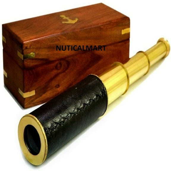 NauticalMart 15" Brass/Leather Spyglass Telescope with Rosewood Box