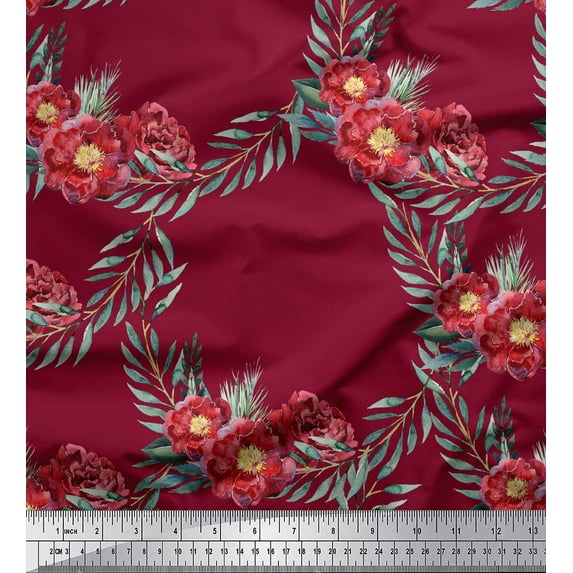 Soimoi Red polyester Crepe Fabric Leaves & Peony Floral Fabric Prints By Yard 52 Inch Wide