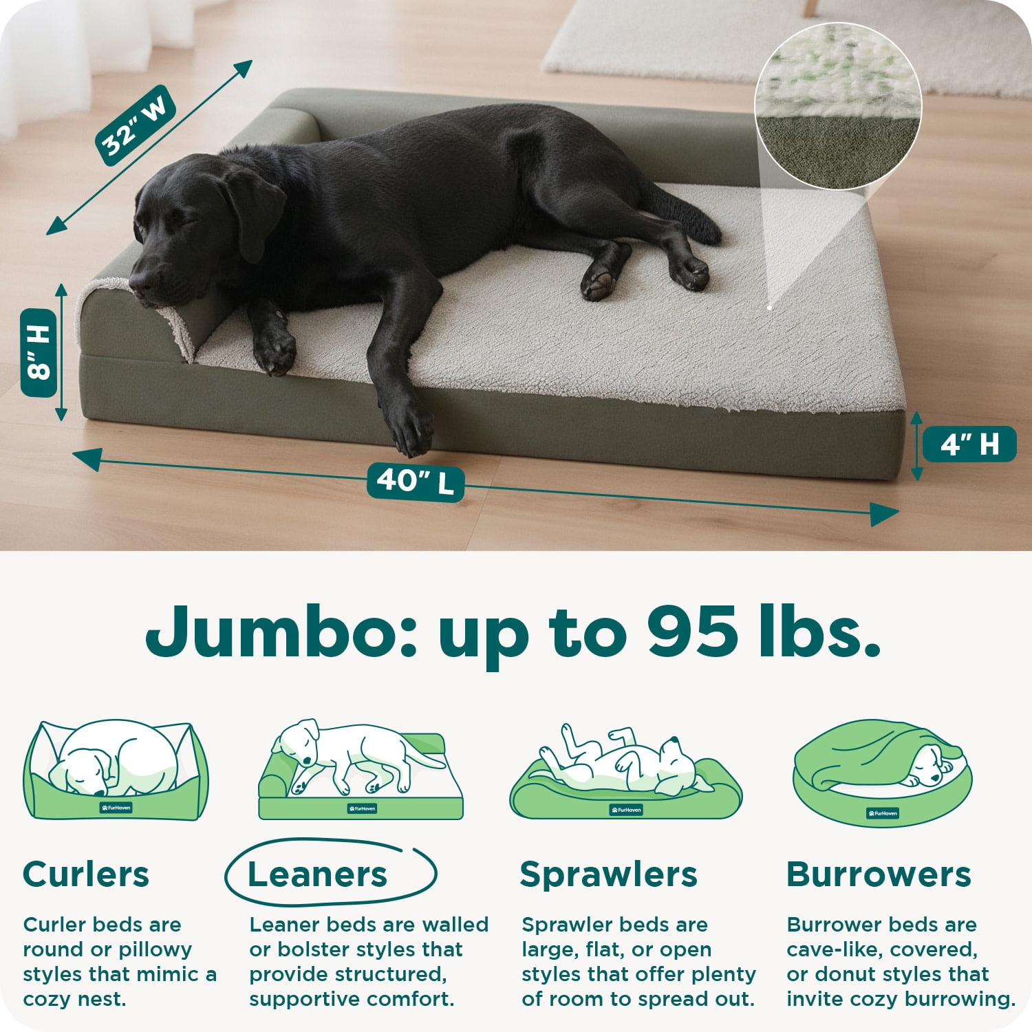 Furhaven Cooling Gel Dog Bed for Large Dogs w/ Removable Bolsters & Washable Cover, For Dogs Up to 95 lbs - Two-Tone Plush Faux Fur & Suede L Shaped Chaise - Dark Sage, Jumbo/XL