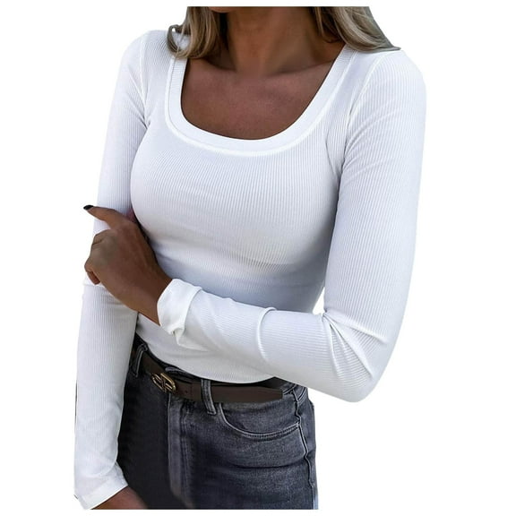 felwors Womens Long Sleeve Scoop Neck Ribbed Knit Fitted Casual Tops Tee Slim Basic Shirts White, M
