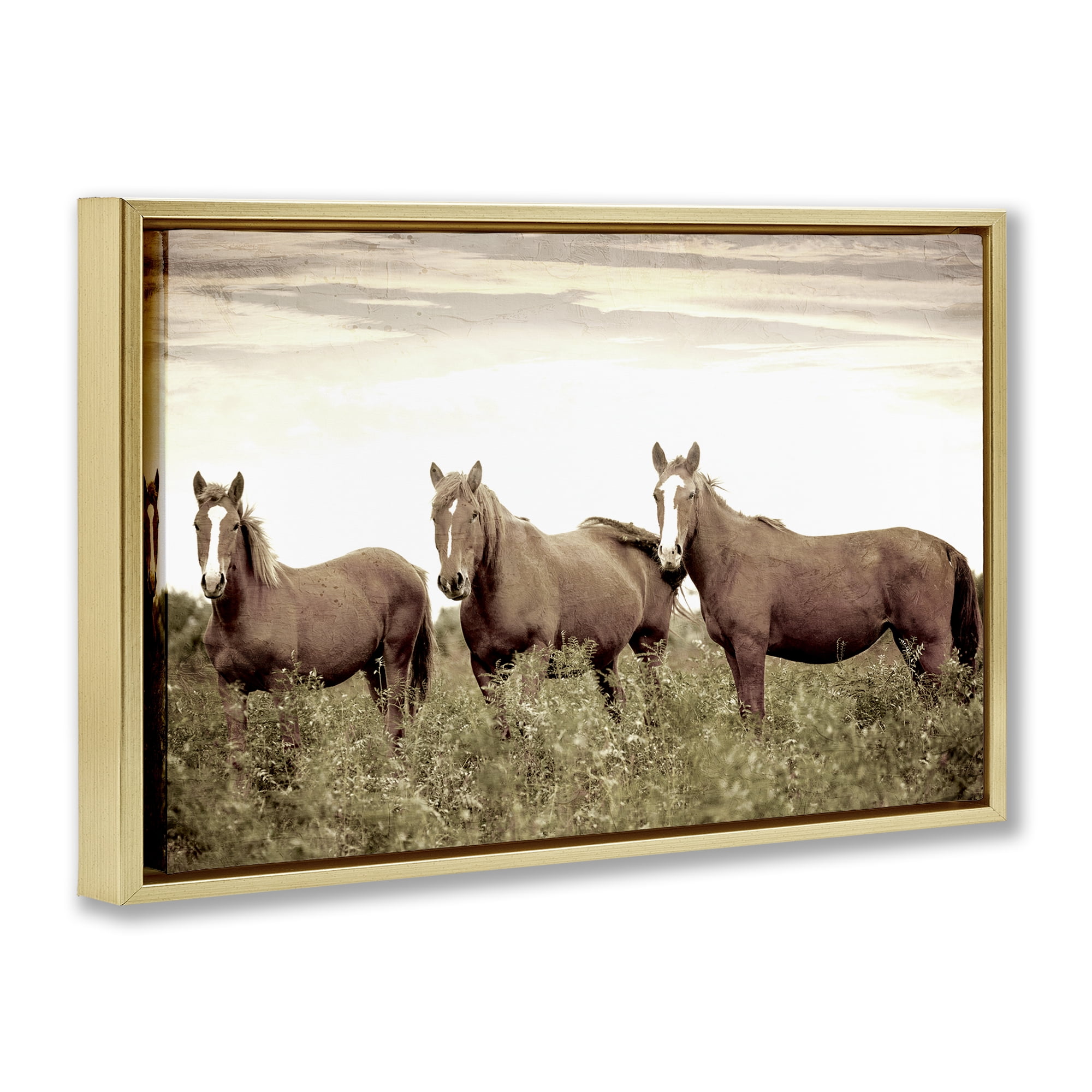 Stupell Industries Horse Trio Gaze Animals Painting Gold Floater Framed Canvas Art Print Wall Art, 31 x 21