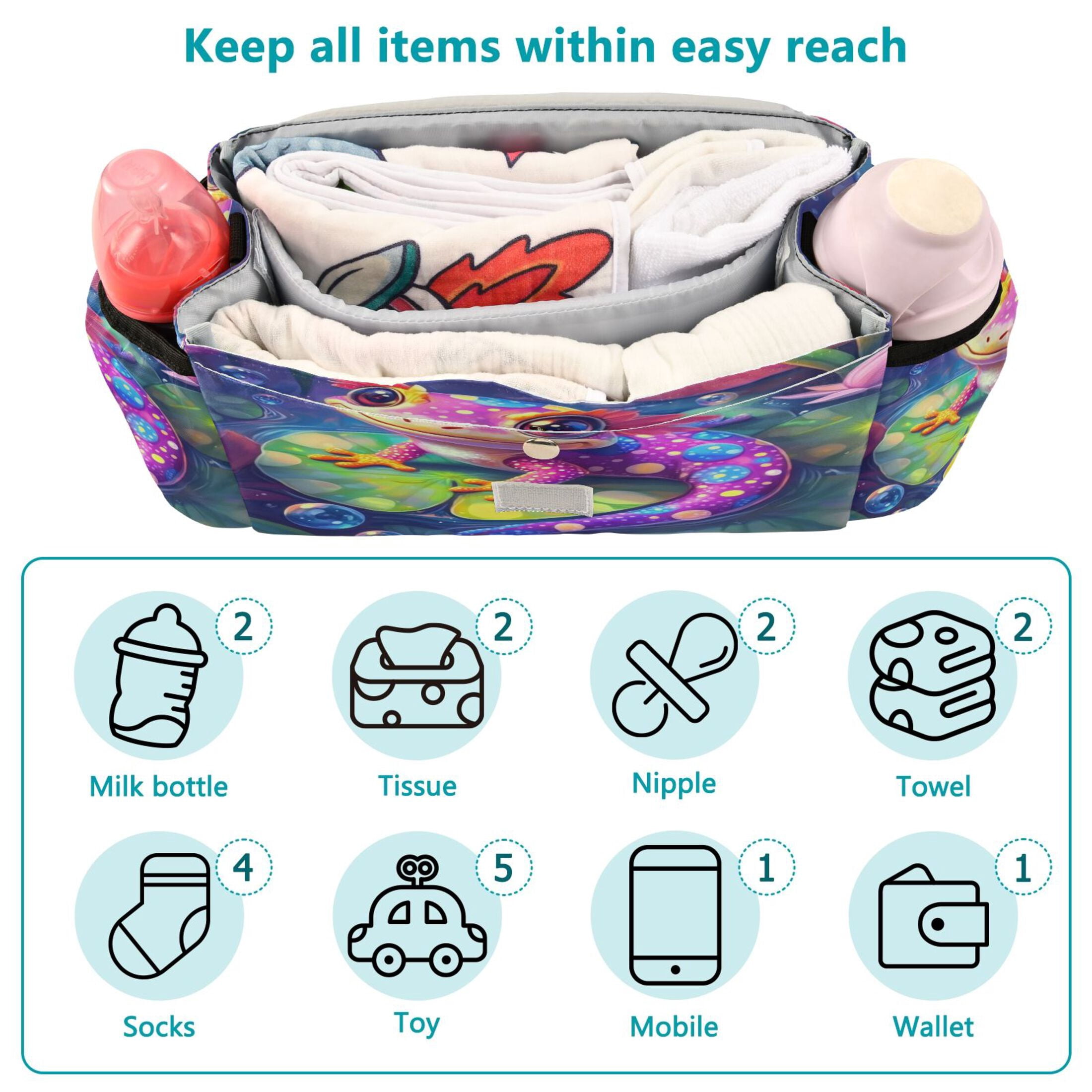 DIXRUYEE Stroller Organizer Colorful Frog Printed