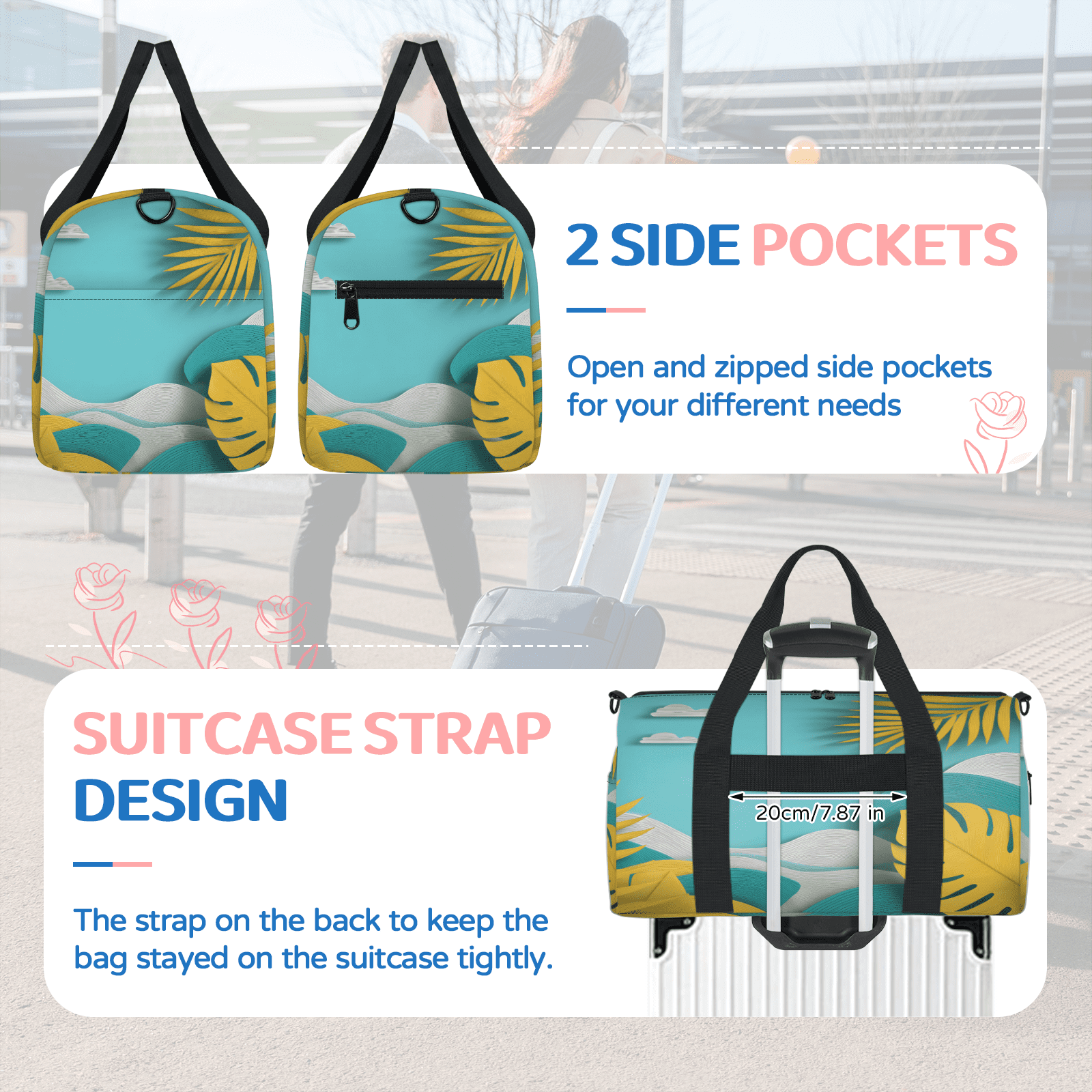 Herdesigns Tropical Beach Gym Bag for Women, Duffle Bag for Travel Sport, Sea Palm Tree Lightweight Waterproof Carry on Weekender Dance Yoga Workout Bags