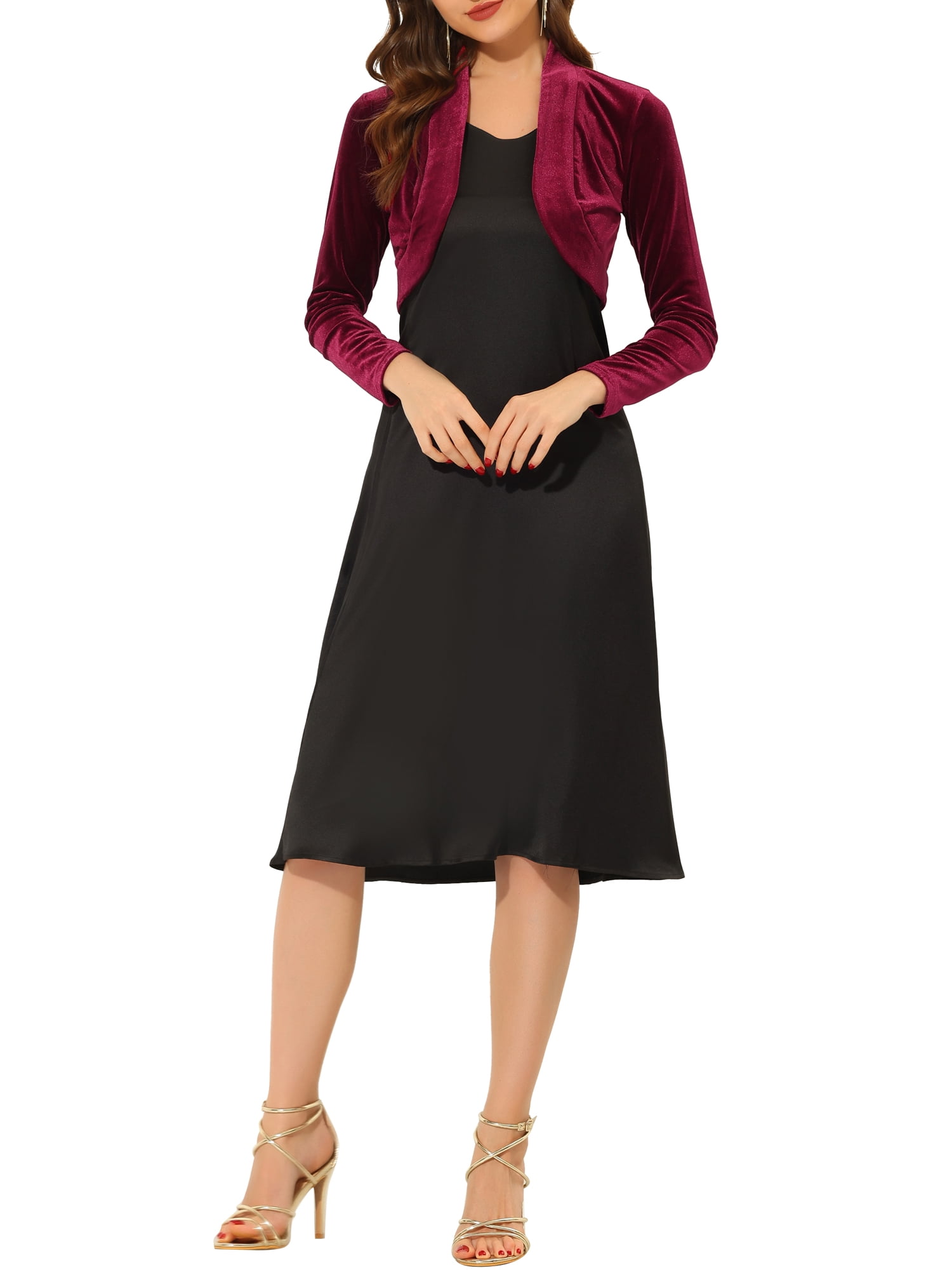 DARING DIVA Women's Velvet Open Front Cropped Bolero Cardigan XS Burgundy