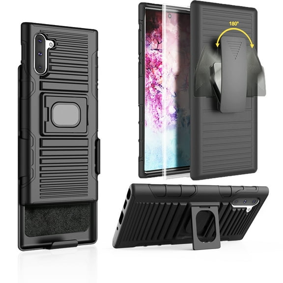 Compatible for Samsung Galaxy Note 10 Case with Tempered Glass Screen Protector Belt Clip Holster Defender Rugged Shock Proof Armor Heavy Protection Phone Cover w/Magnetic Mount Plate [Black]