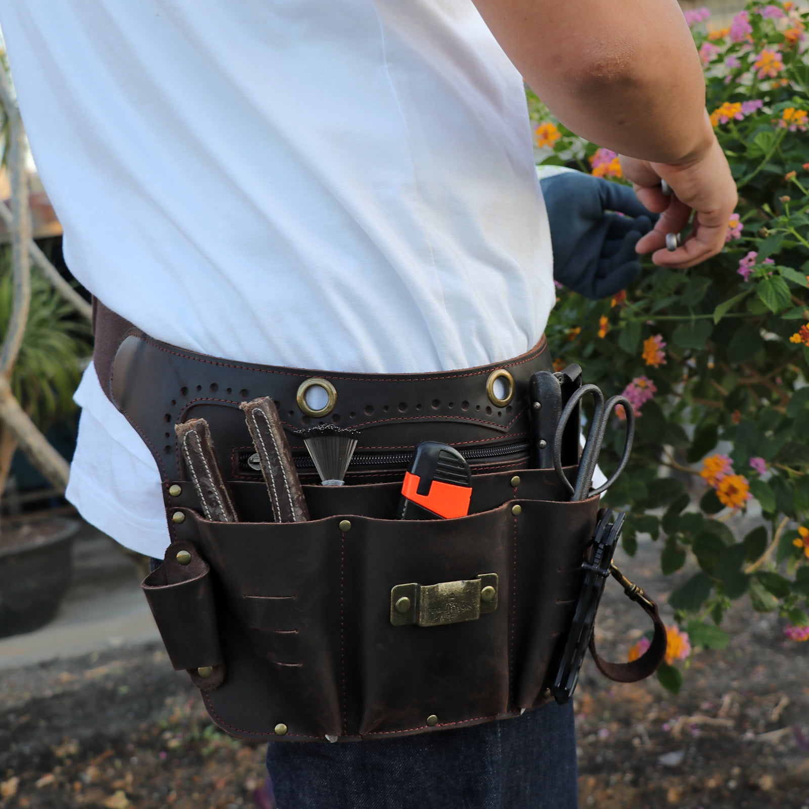 TOURBON Leather Tool Waist Bag Heavy Duty Tool Belt Pouch Quick Release Buckle Adjustable for Electrician Carpenter Brown