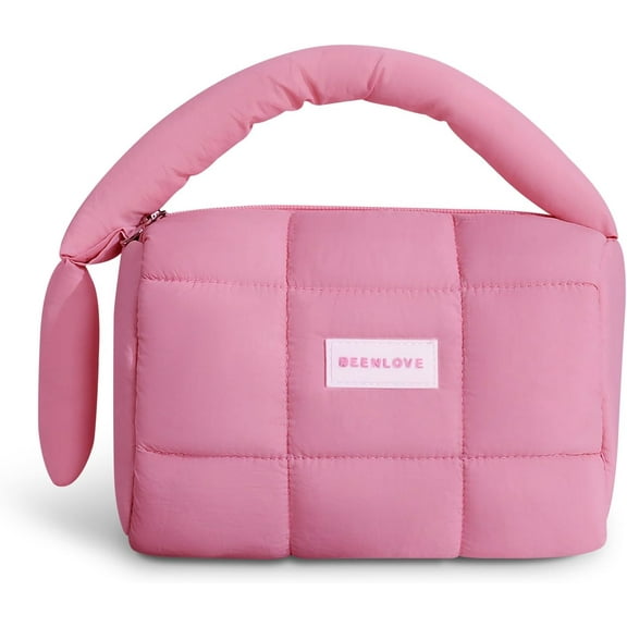 MATEPROX Puffy Makeup Bag & Travel Toiletry Organizer - Waterproof Cosmetic Case with Handlesfor Brushes & Essentials-Rose Red