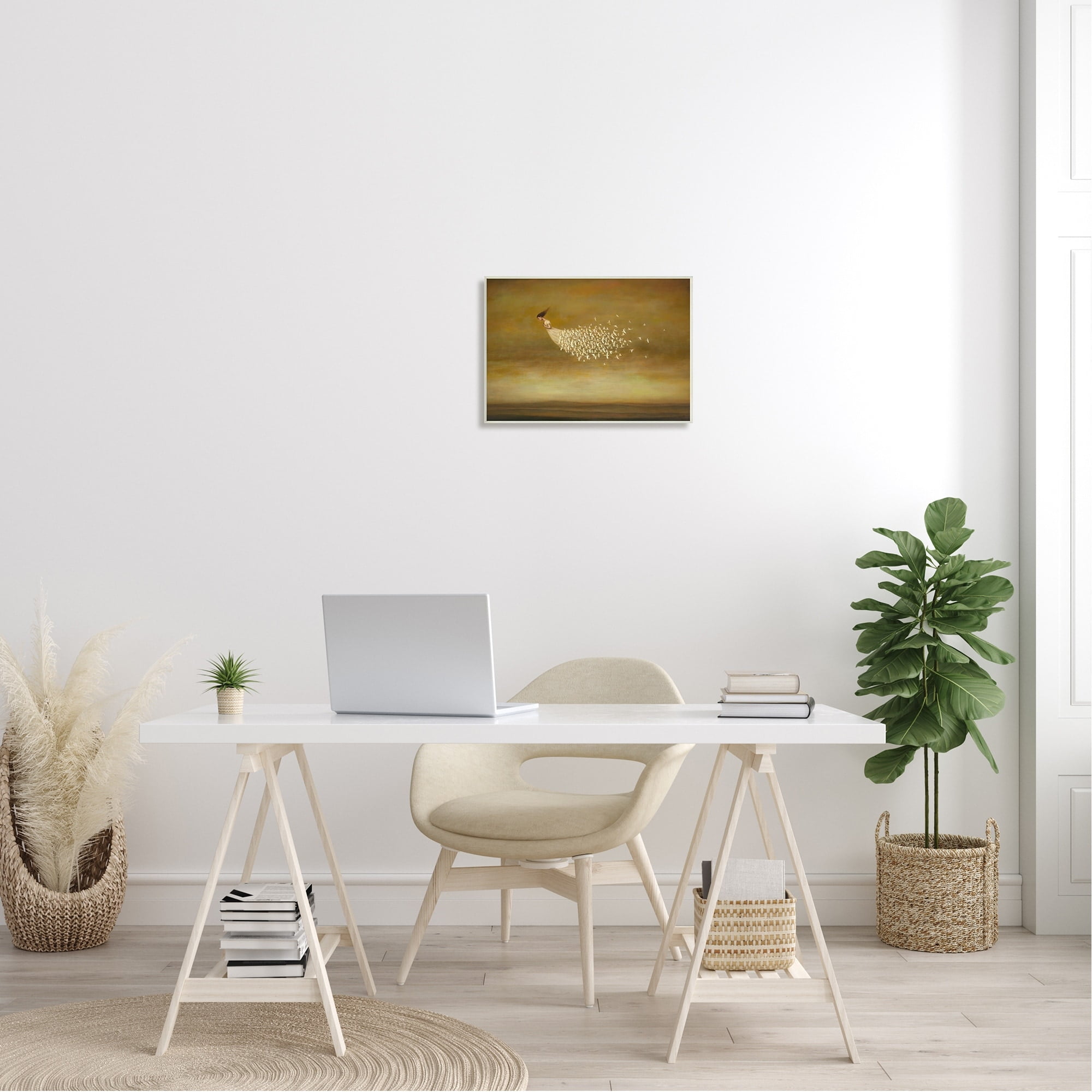 Stupell Industries Elegant Woman Flying Doves Birds Dress Ochre Sky Wood Wall Art, 19 x 13, Design by Duy Huynh