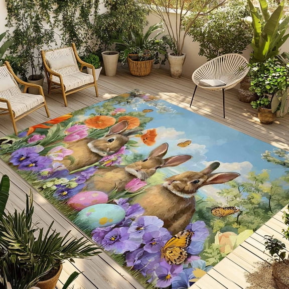 Easter Bunnies Outdoor Rug for Patio/Deck/Porch, Non-Slip Large Area Rug 3 x 5 Ft, Spring Easter Eggs Garden Floral Indoor Outdoor Rugs Washable Area Rugs, Reversible Camping Rug Carpet Runner