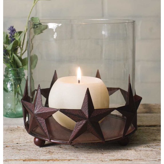 Barn Star Pillar Holder With Glass Chimney - Rustic Brown