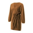 thumbnail image 3 of Women Corduroy Dress Elegant Wrap Long Balloon Si Mini Dresses Deep V Neck One-Piece with Tie Waist, 3 of 9