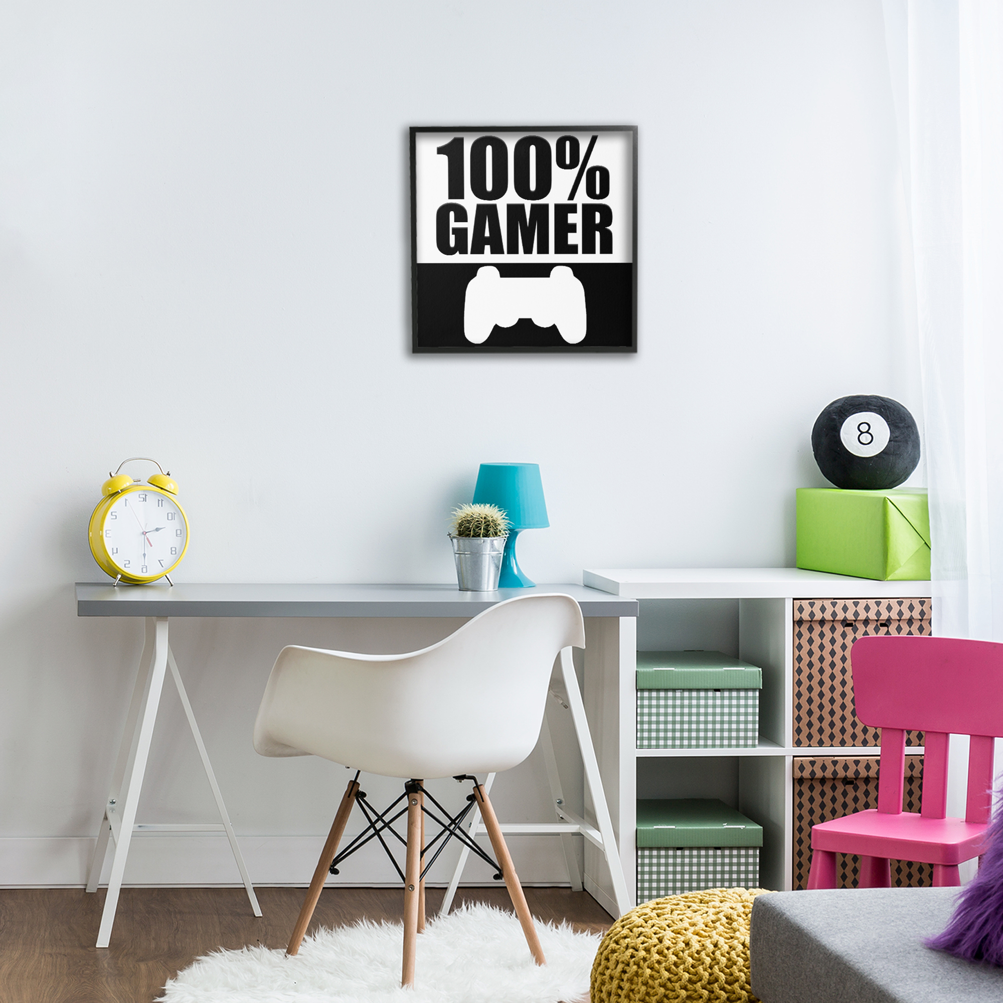 100% Gamer Black & White Black Framed Giclee Art, design by Kim Allen