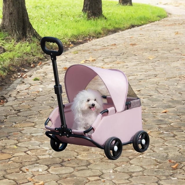 4 ruedas Corredor de perros Pet Stroller Multifuctuación de pescado de mascotas Ligero Plegado para perros Cats pequeños para mascotas jugando al aire rosa