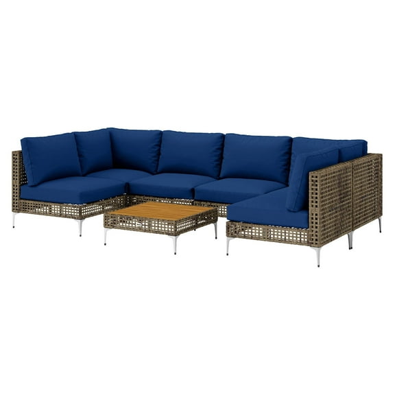 7 Piece Wicker Patio Furniture Set, Modular Outdoor Sectional, Acacia Table - Brown/Blue
