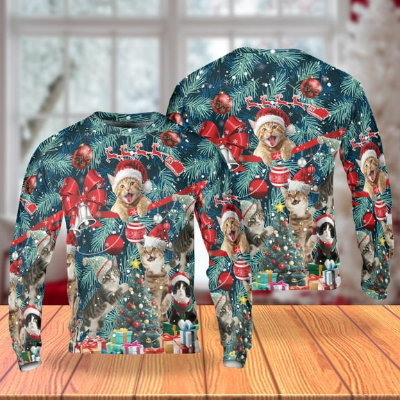 Christmas Cat Sweatshirt, Funny Kittens in Santa Hats Festive Tree Print Crewneck, Cute Holiday Pullover Gift for Cat Lovers Men Women
