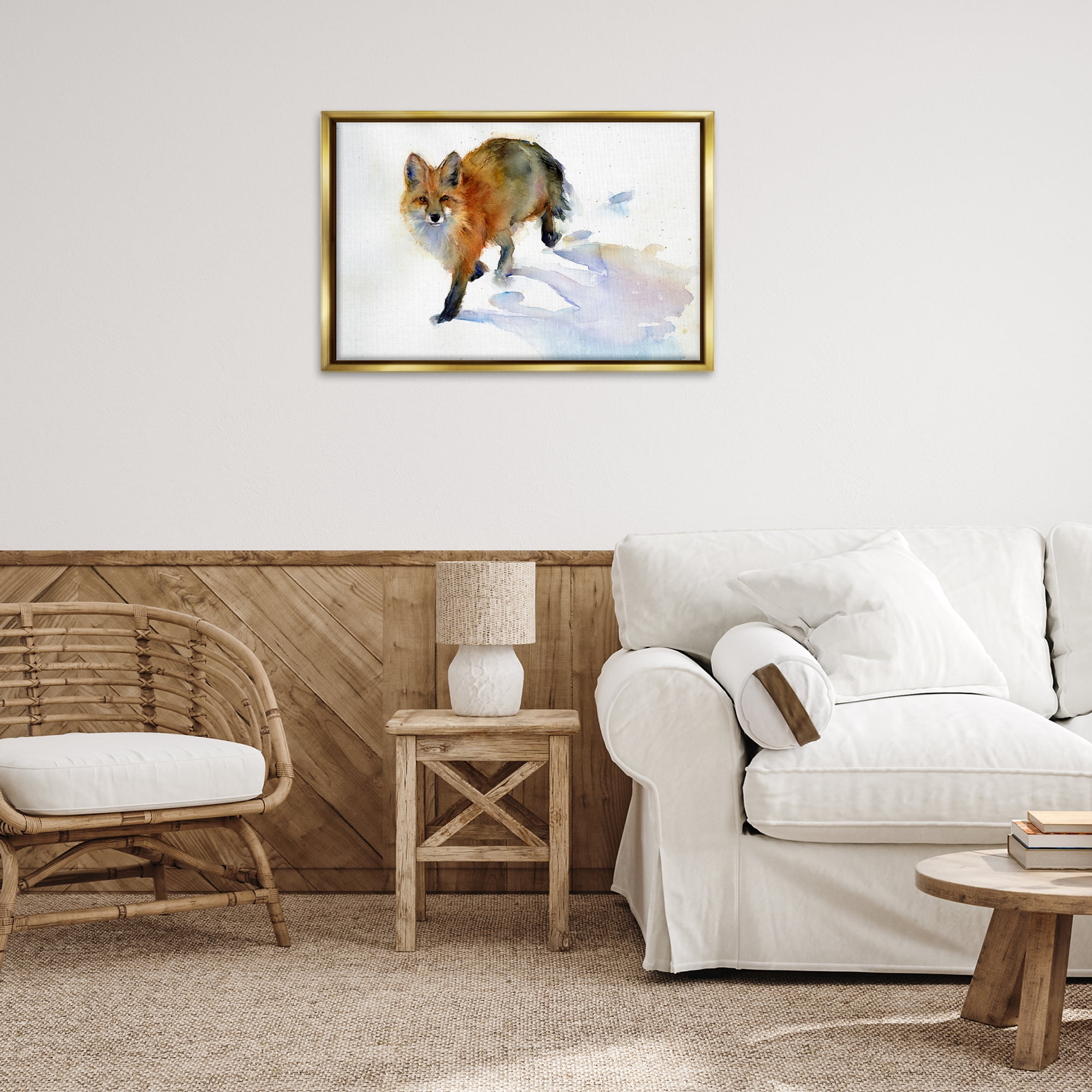 Stupell Industries Stepping Fox in Snow Animals & Insects Painting Gold Floater Framed Canvas Art Print Wall Art, 31 x 21