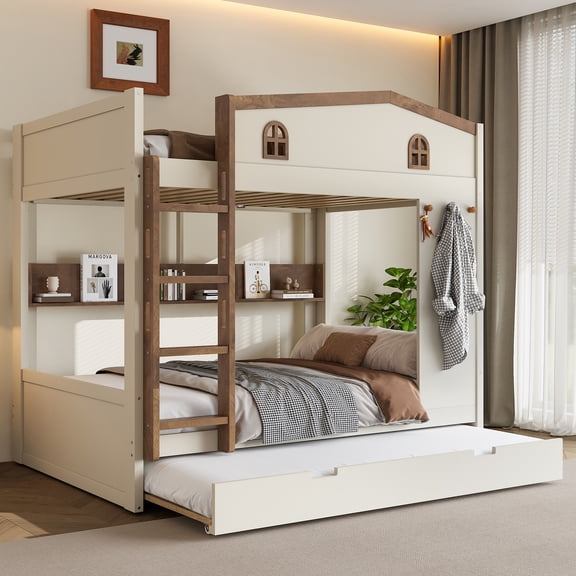 Harper & Bright Designs Full over Full Bunk Bed with Trundle and Storage Shelves, Solid Wood Bunk Bed Frame with Stairs and Hooks, Beige Natural